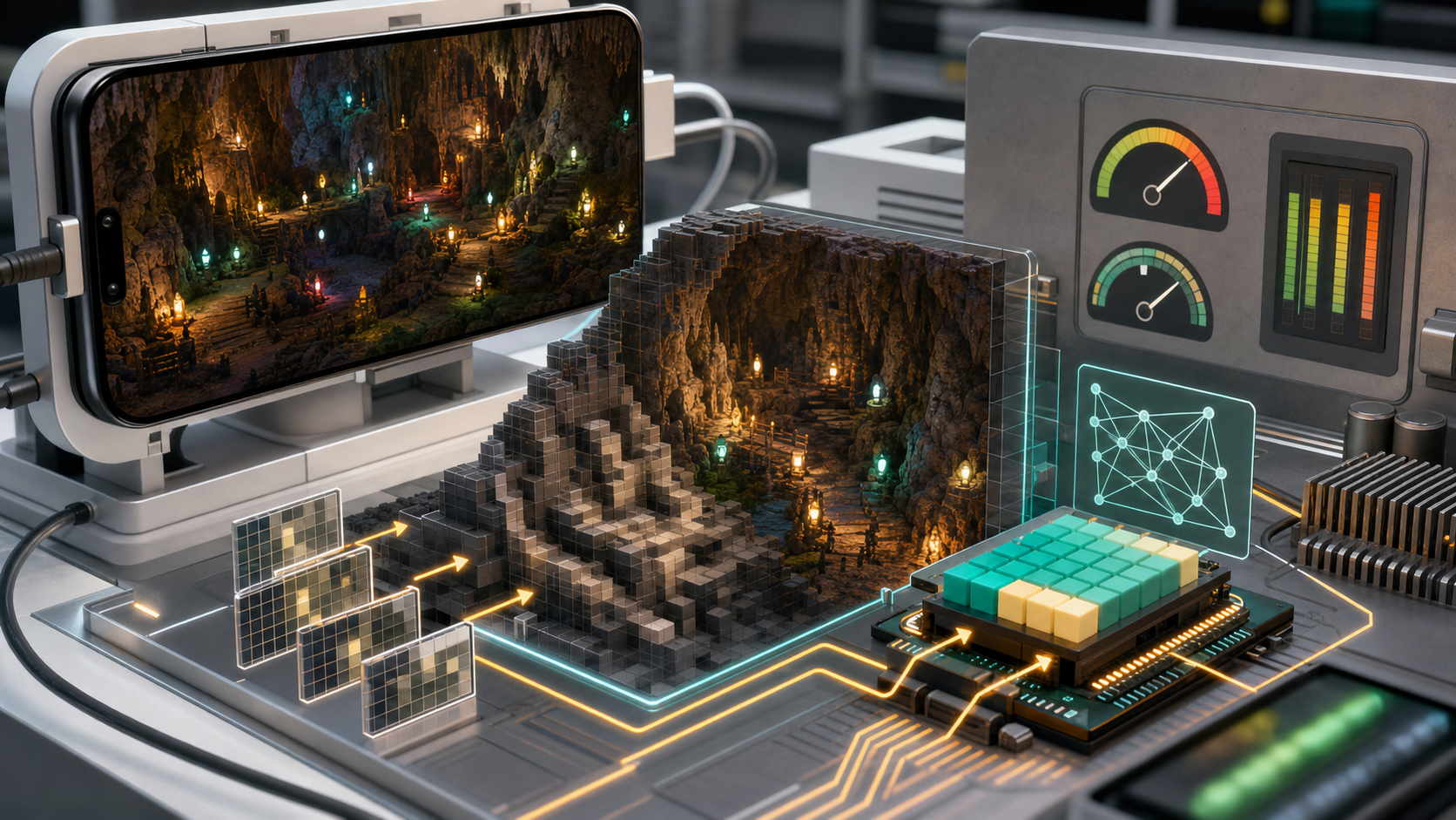 A mobile game rendering test bench showing a phone, dynamic cave lights, and neural upscaling blocks.