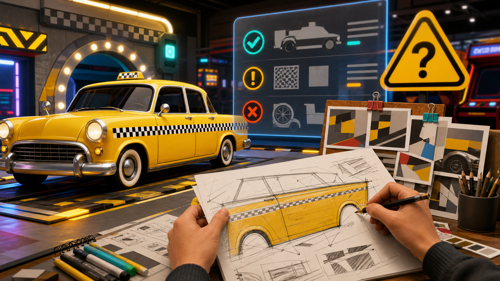 An editorial illustration of a yellow arcade taxi being reviewed beside abstract AI-reference cards and disclosure symbols.