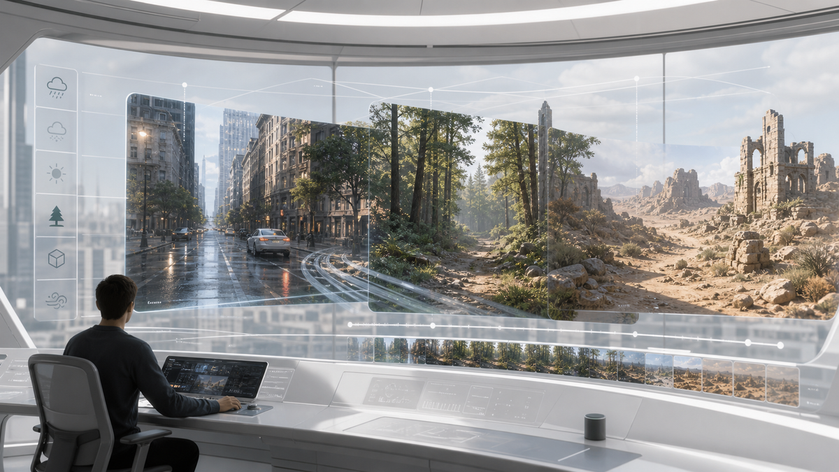 Video-like frames flowing into a playable miniature world beside a sparse unfinished rule graph.
