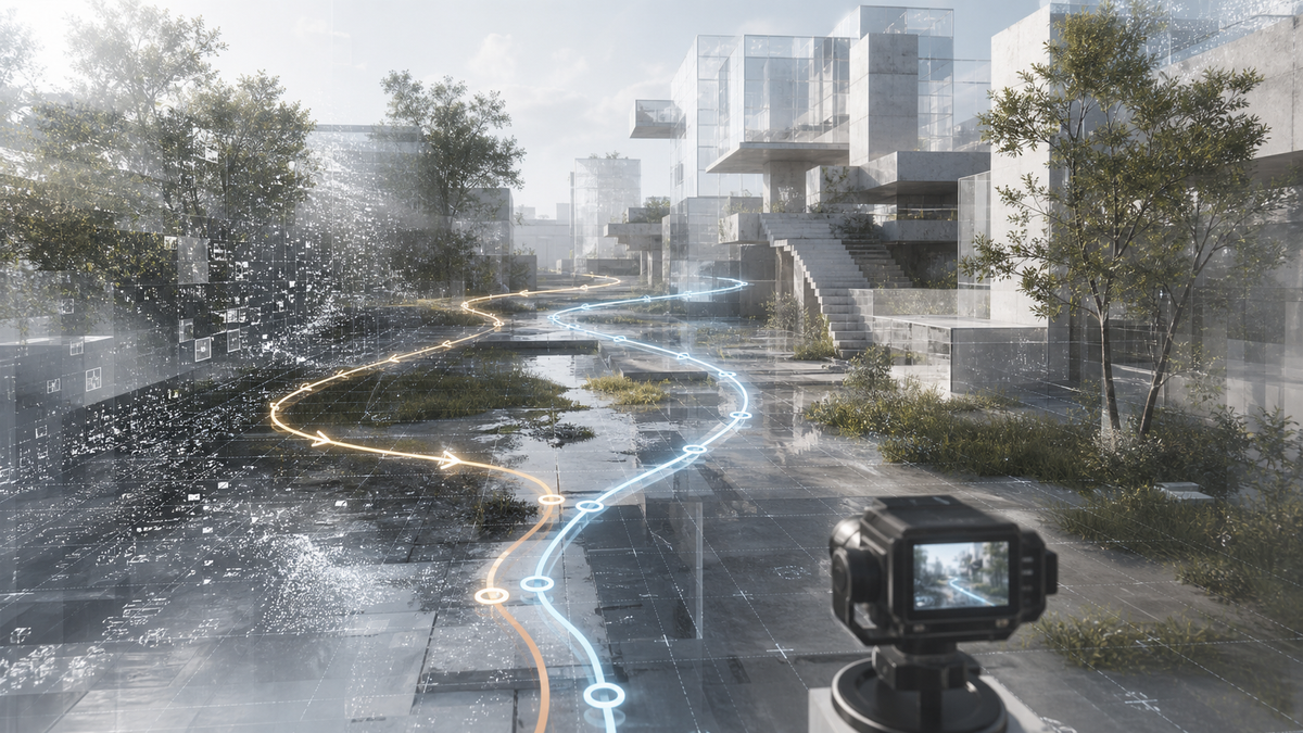 A camera trajectory loops through a synthetic 3D world while earlier path segments fade from memory.