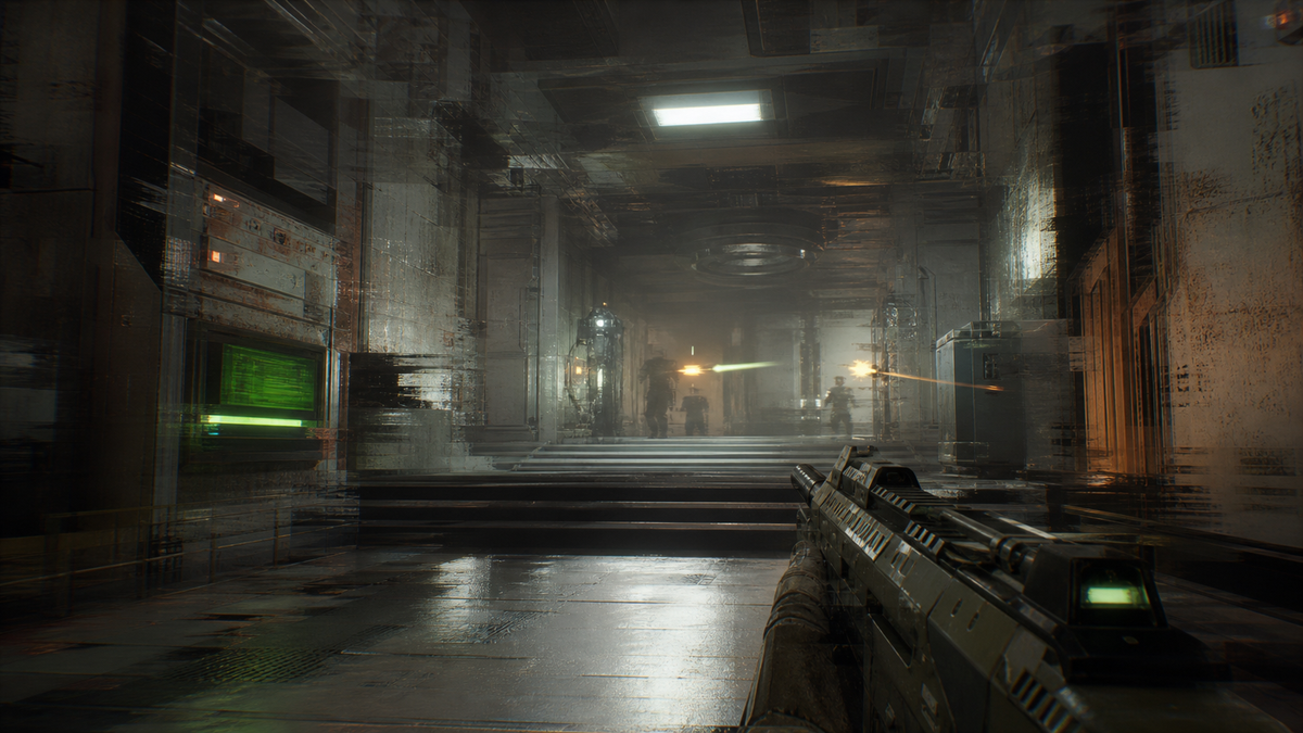 An AI-reconstructed shooter corridor shows smeared combat feedback and unstable temporal artifacts.