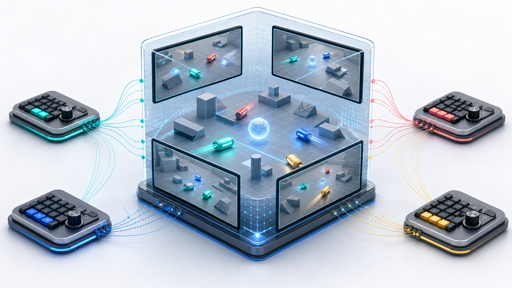 Original editorial illustration of four keyboard controllers sending input streams into a shared AI simulation cube with abstract vehicles and synchronized view panels.