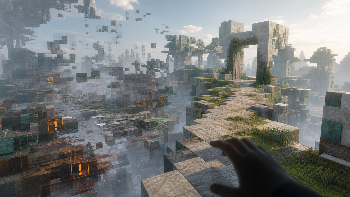 A first-person AI-generated block world rewrites itself behind the player, showing memory and coherence failures.