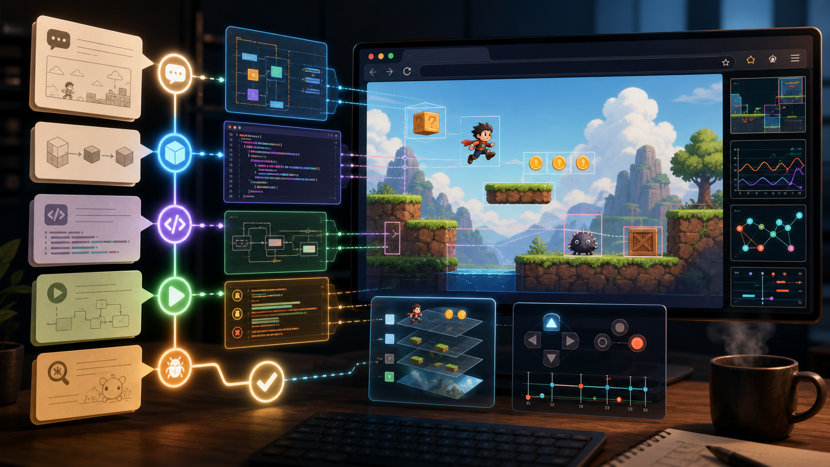 Editorial illustration of an agentic coding workflow turning a prompt, templates, code, debugging, and evaluation panels into a playable browser platform game.