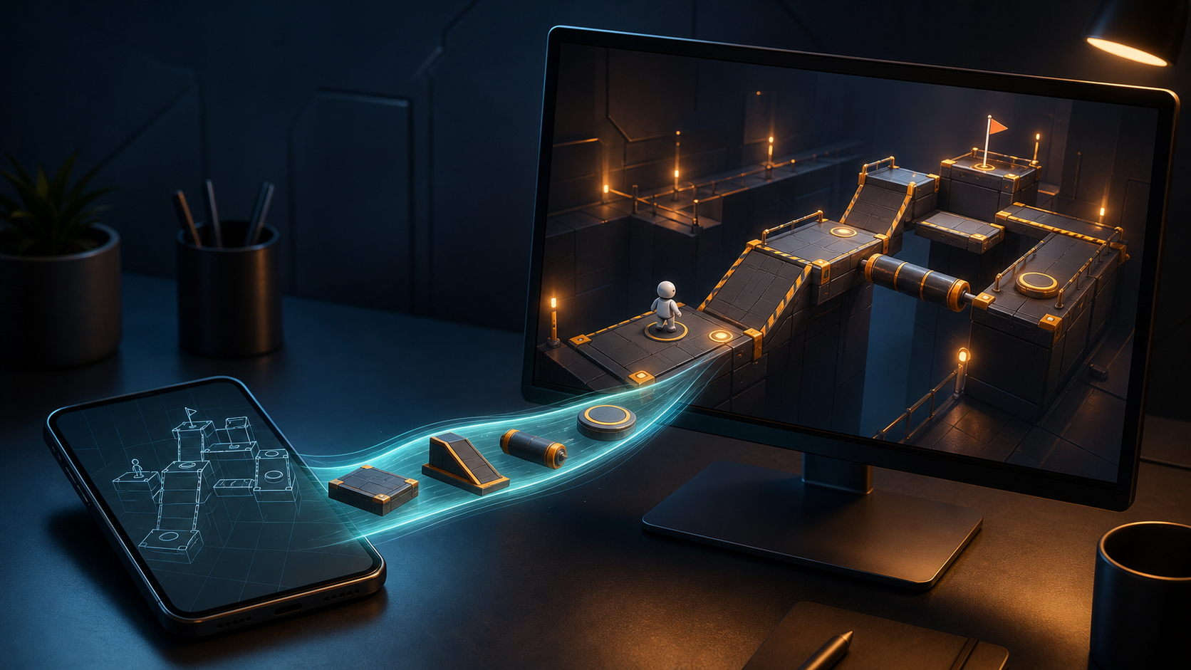 A phone with a wireframe obstacle course sends modular level pieces along a glowing path to a desktop monitor showing the finished playable scene.