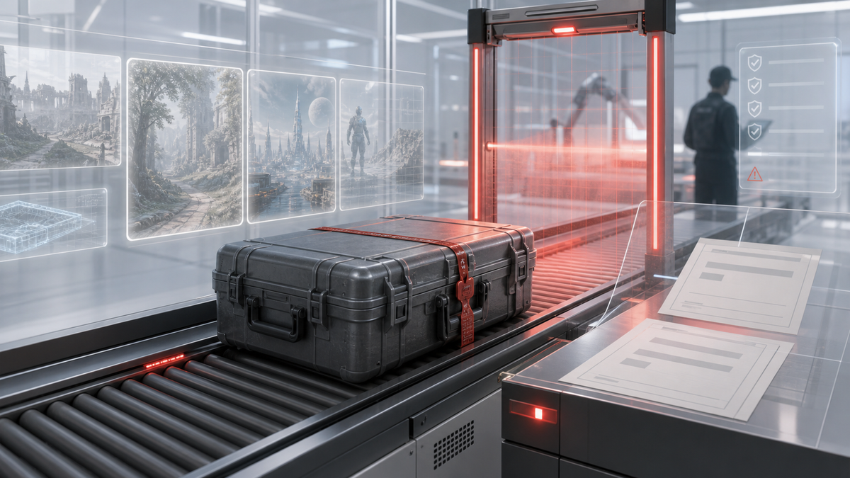 A block-built AI game world in a shipping crate passing through an abstract platform review scanner.