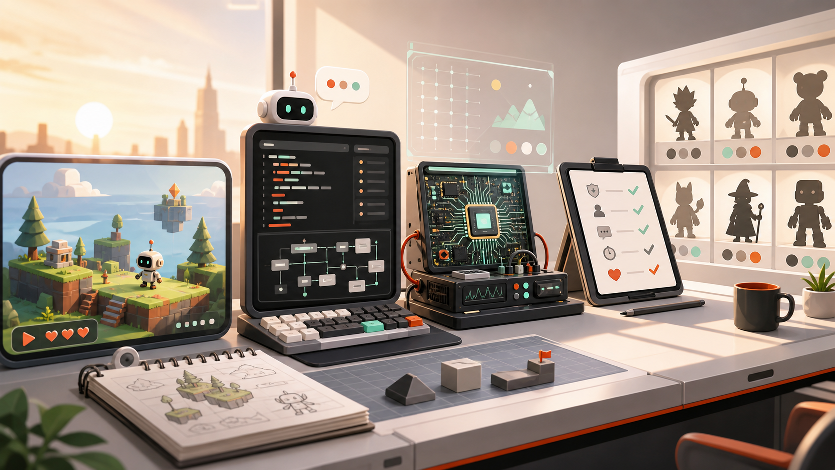Editorial illustration of a morning AI game newsroom workbench with a playable world screen, code-agent terminal, mobile graphics test rig, safety checklist tablet, and generic character silhouettes.