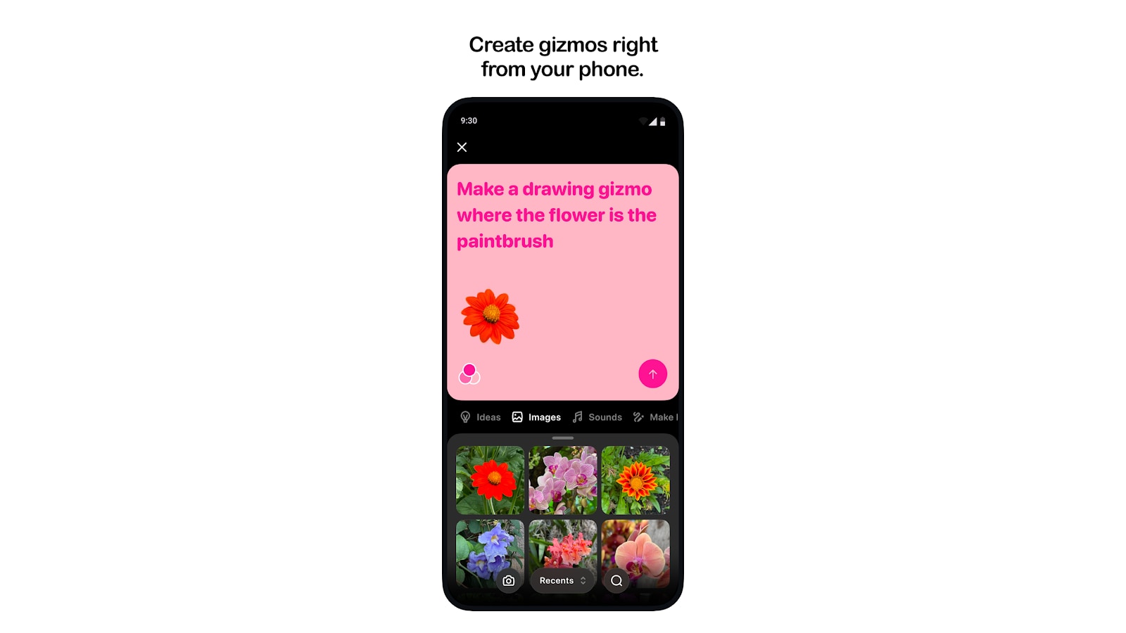 A Pocket app screenshot showing a phone screen for creating a flower paintbrush gizmo.