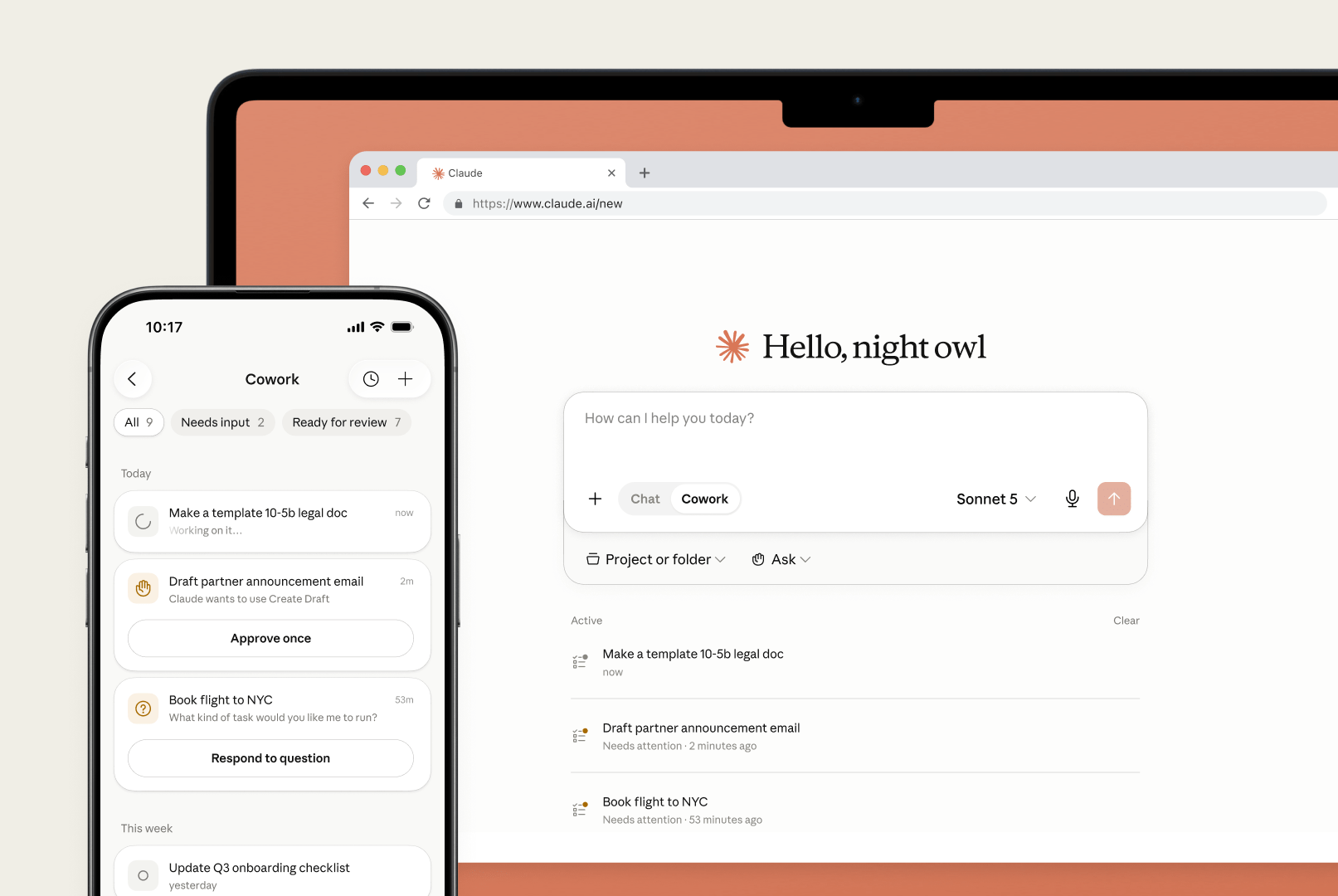 Claude Cowork shown on a phone and web browser in an Anthropic product image.