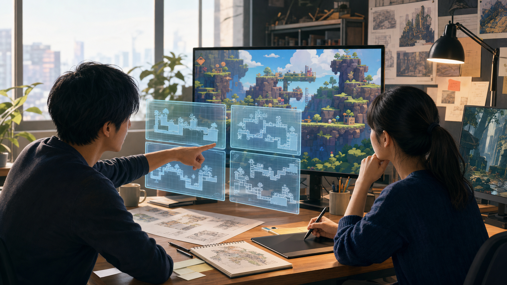 Two game creators compare AI-proposed level layouts beside a colorful platform-game scene in a sunlit studio.