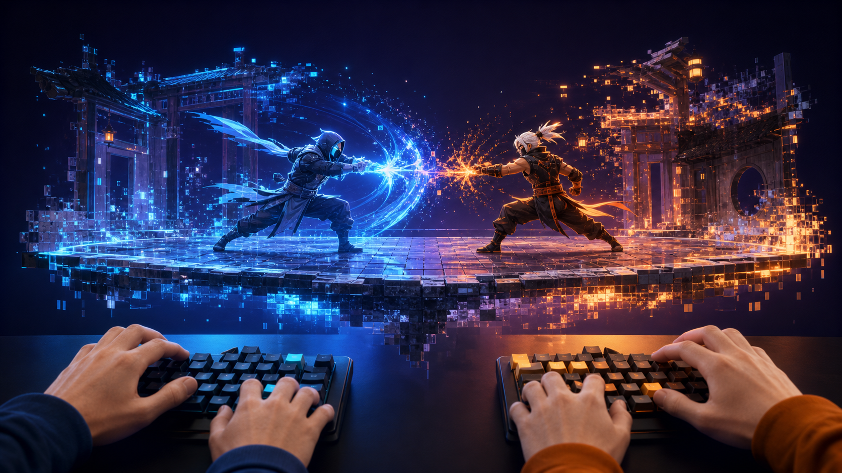 Two players use separate keyboards to control original fighters in a digital arena that is assembling from glowing video fragments.
