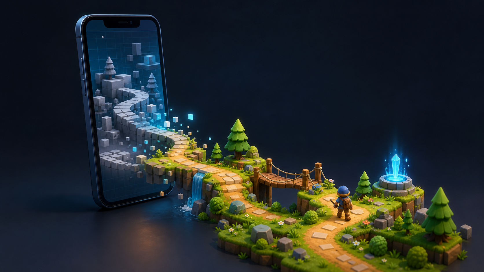 A phone releases an original miniature adventure level that changes from gray building blocks into a colorful playable path.