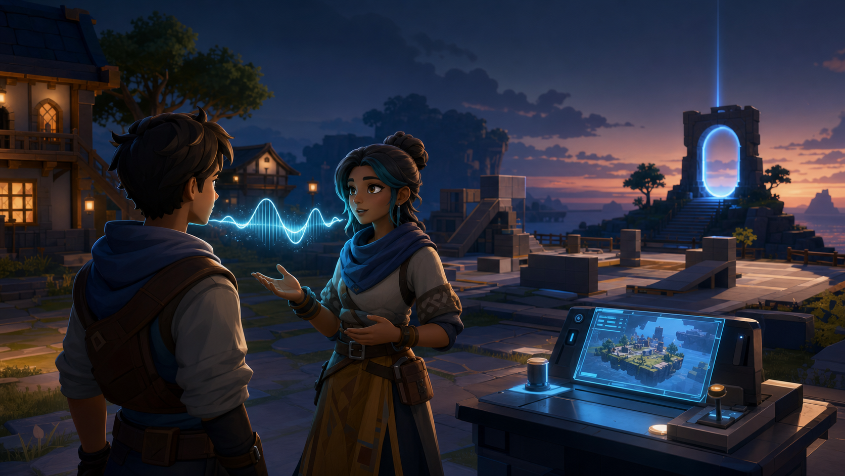 A game creator speaks with an NPC through a glowing audio waveform beside a small island-building console.