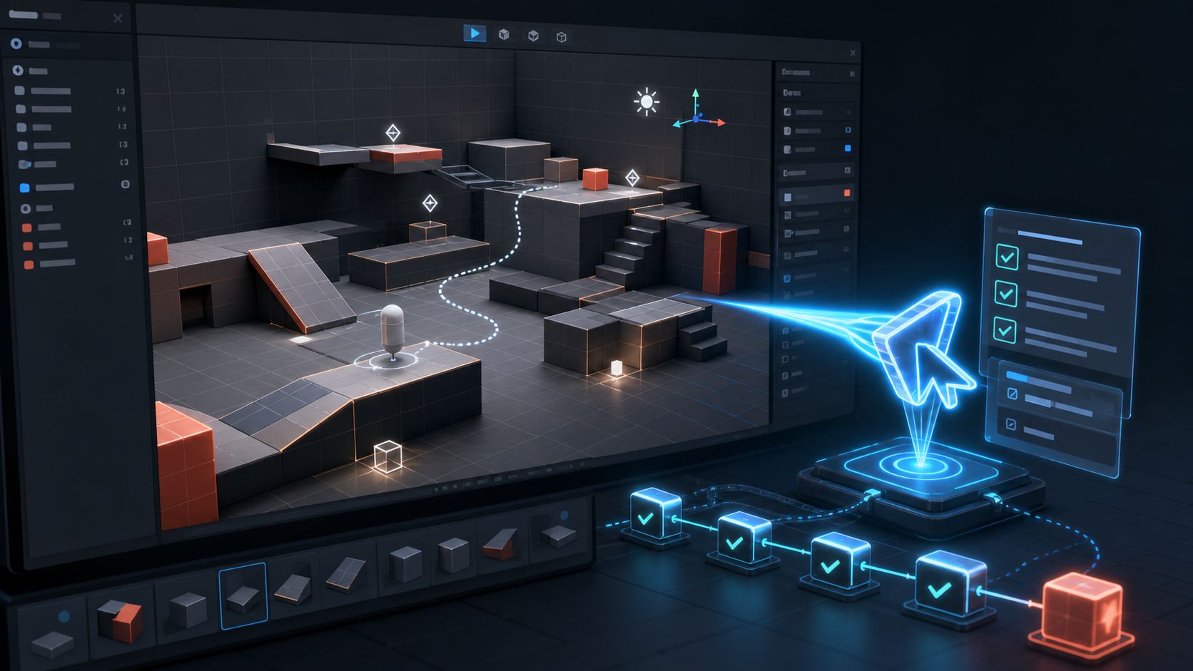 A game-editor scene shows a small platform level, a play-test path, and a coding-agent cursor checking a build pipeline.