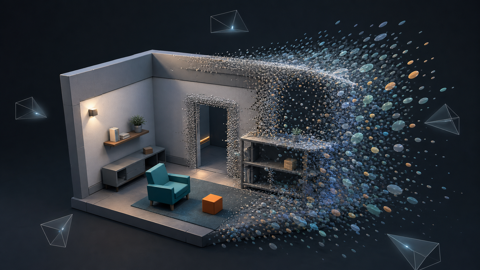 An original 3D room becomes a cloud of translucent Gaussian particles around a doorway and unfinished wall.