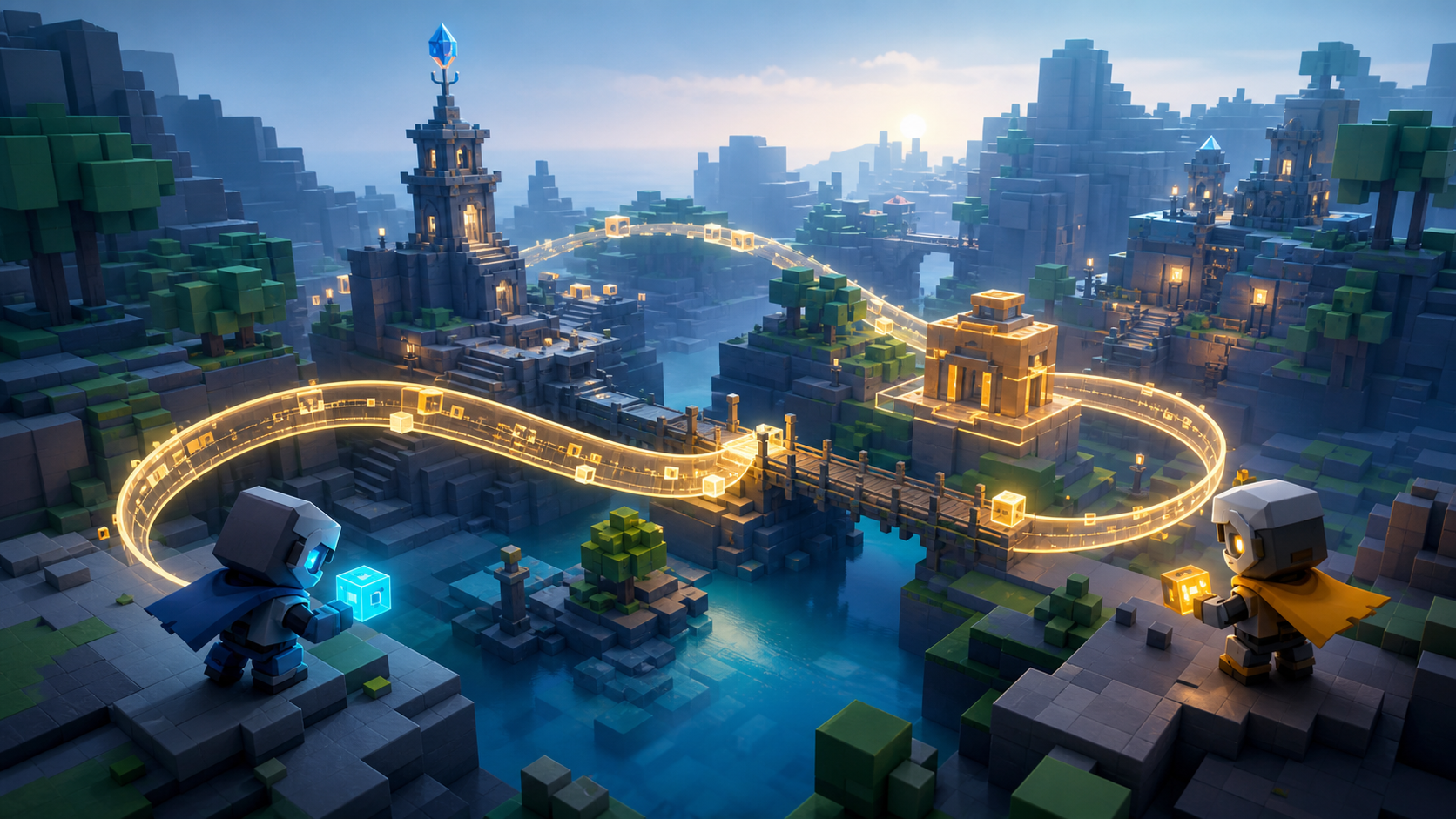 Two original robotic explorers share a glowing stream of world-state information across a block-built canyon.