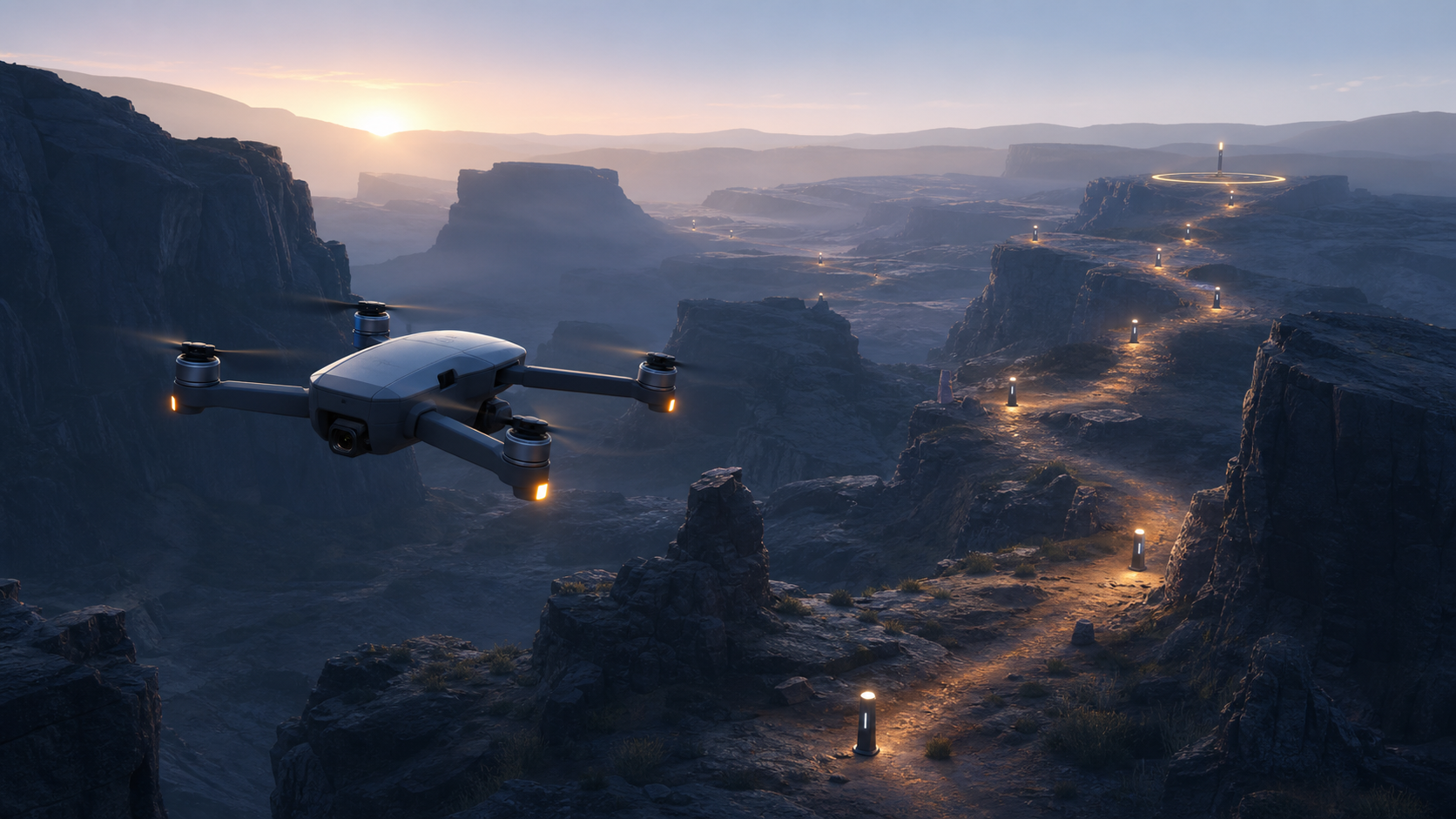 A quadcopter follows sparse illuminated beacons through a long canyon route at dawn.