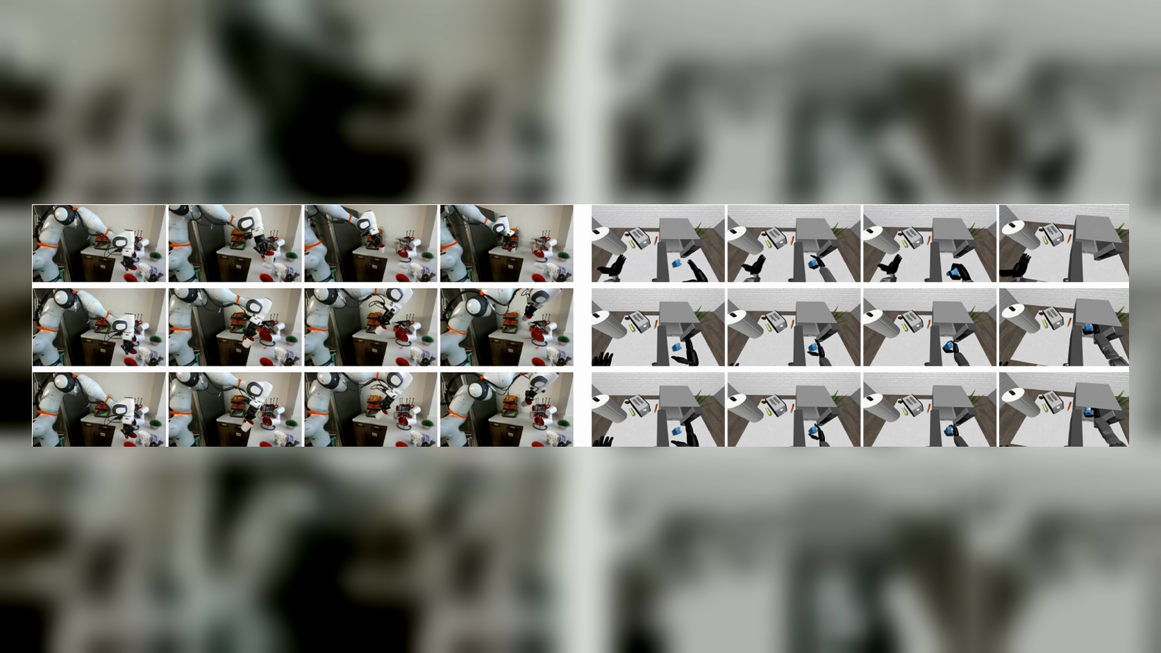 Three rows of robot-manipulation video frames compare predicted and reference motions in real and simulated kitchens.