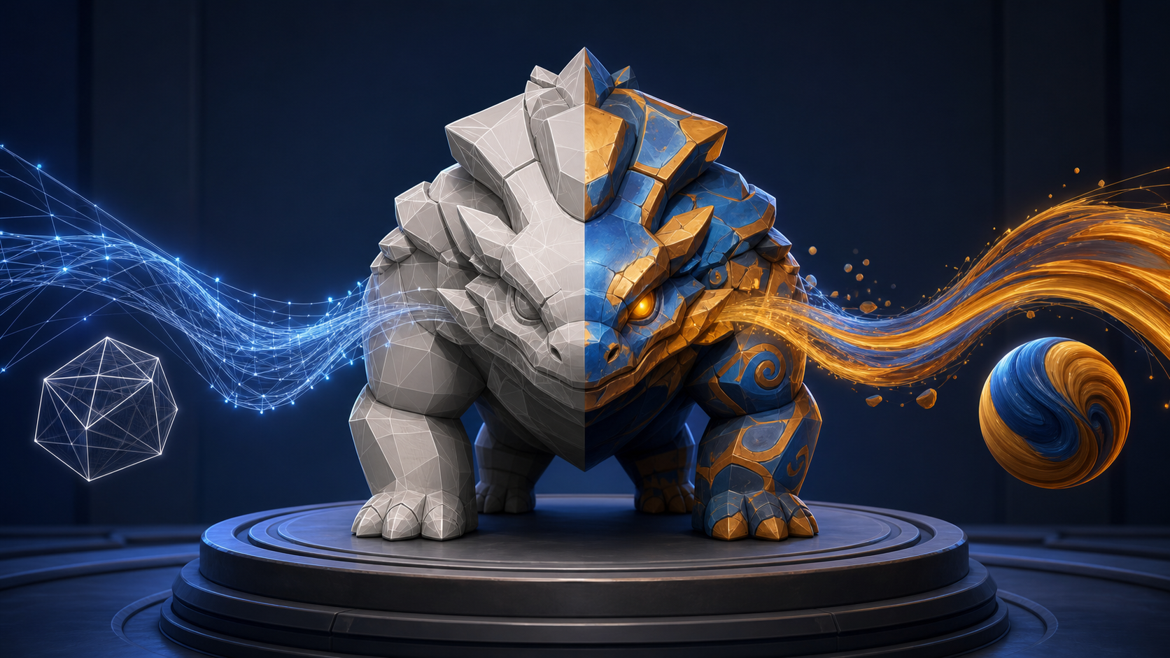 An original low-poly creature changes from neutral clay geometry into a cobalt-and-amber stylized 3D game asset.