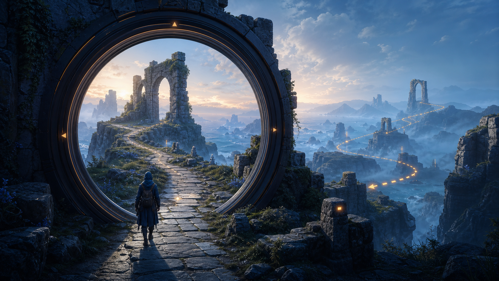 An explorer follows a glowing path through a portal into an original coastal world of stone arches and misty islands.