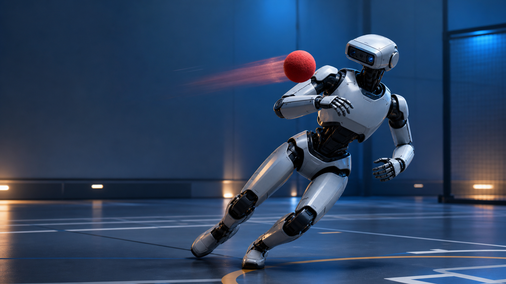 A humanoid robot leans sideways as a red foam ball passes its shoulder in a robotics test lab.