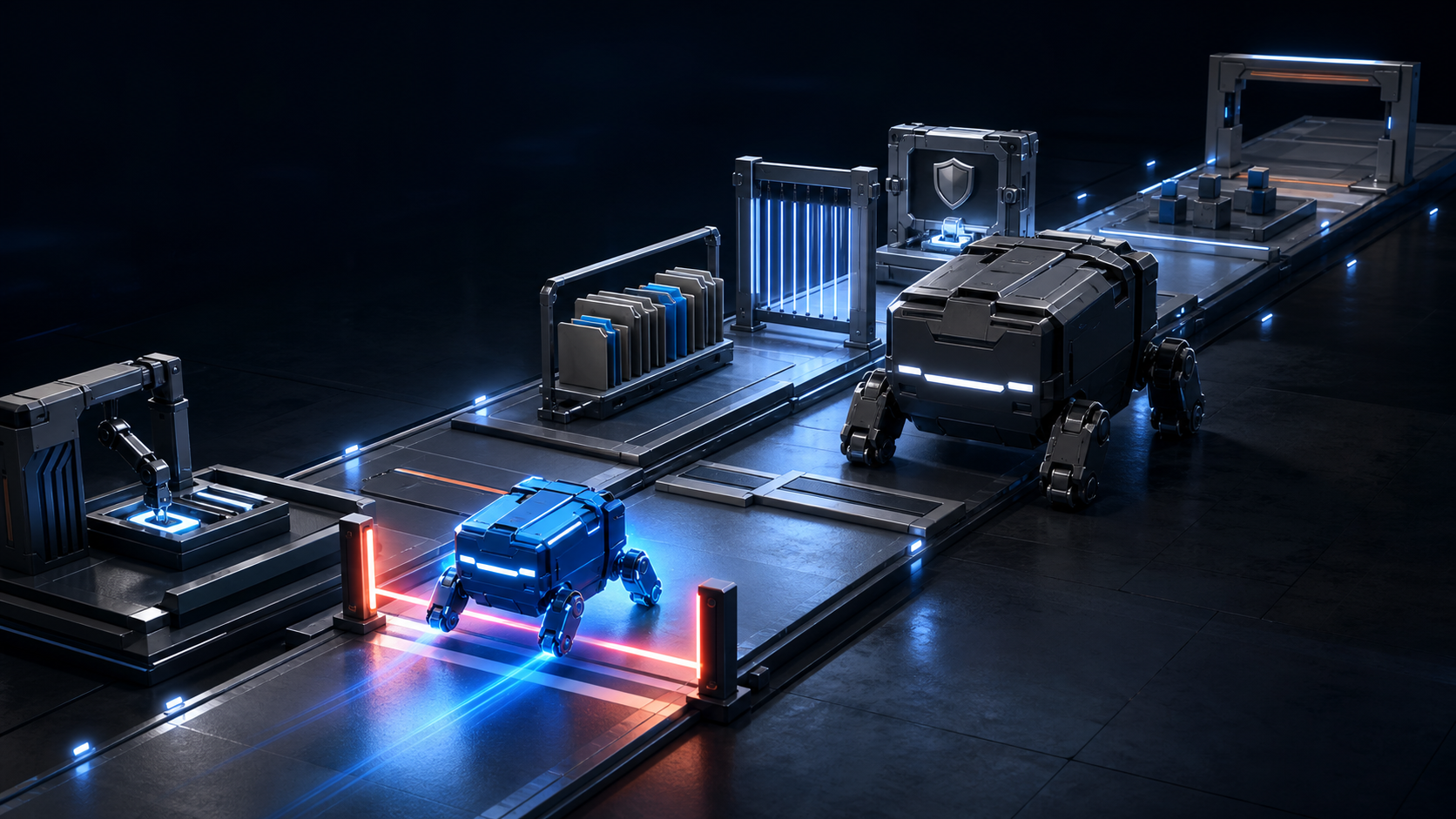 A small blue machine crosses a glowing finish sensor ahead of a much larger graphite machine on an AI-agent test course.
