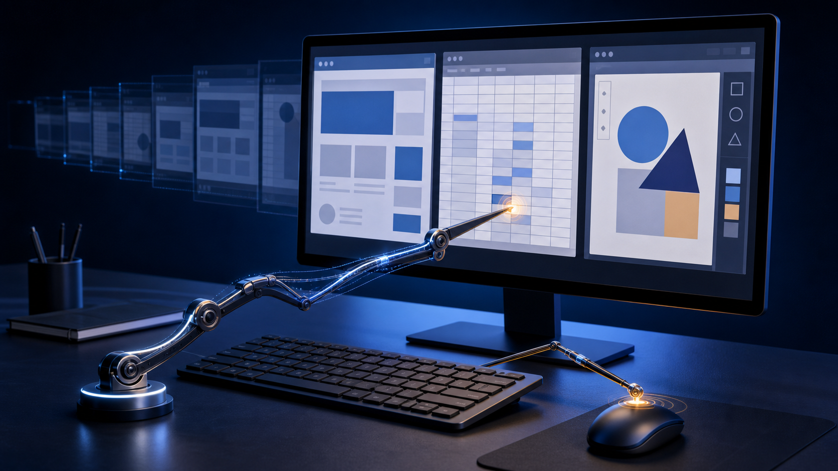 An articulated pointer operates a generic spreadsheet on a monitor while translucent earlier screenshots recede behind it.