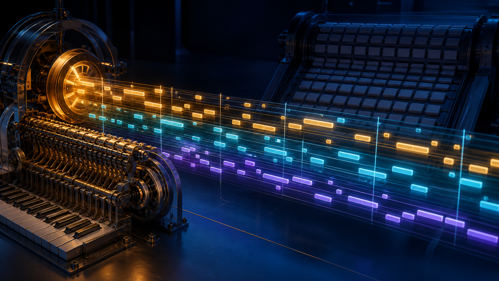 A precise performance timeline with varied note blocks runs through a mechanical music system beside a rigid grid of uniform blocks.