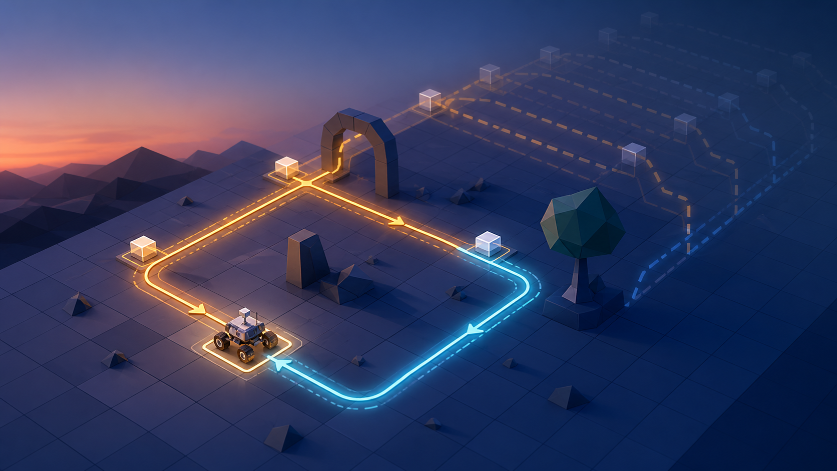 A small rover follows an amber route through a game-like test arena, then returns along a cyan inverse route to the same starting square.