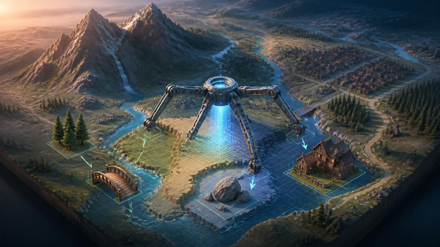 A mechanical builder assembles editable trees, a bridge, rocks and buildings onto one continuous 3D terrain of mountains, rivers and roads.