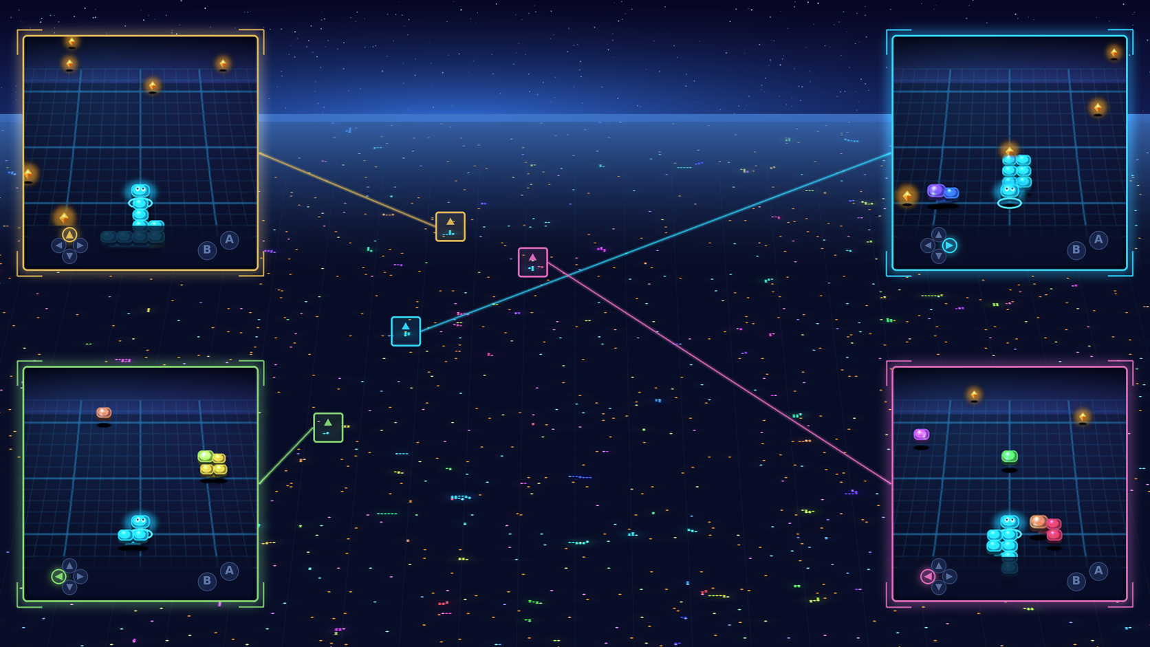 Four player views connect to one shared multiplayer Snake world populated by many colored entities.