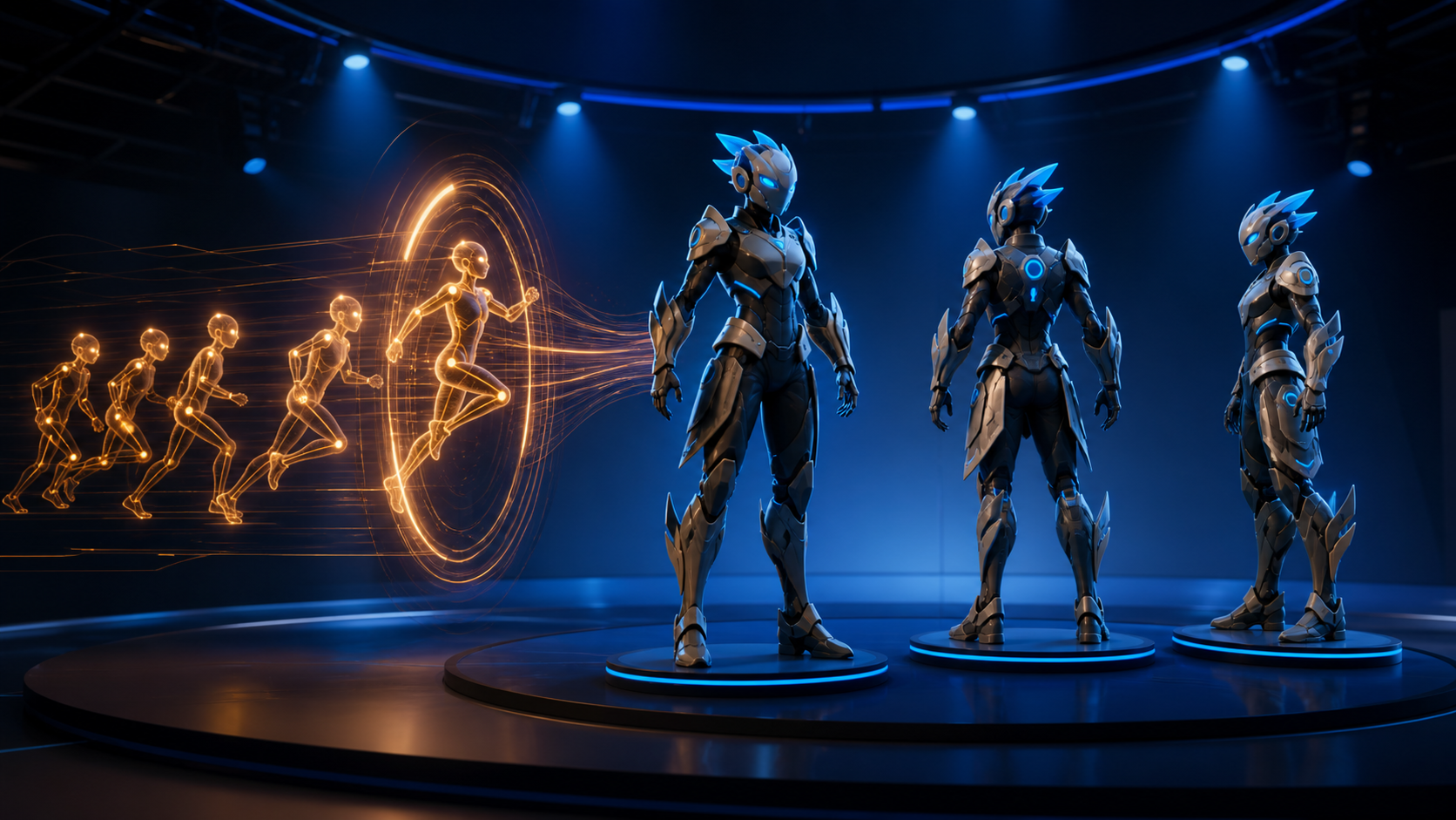 An amber motion sequence passes into one digital character shown from three camera angles on a blue virtual stage.