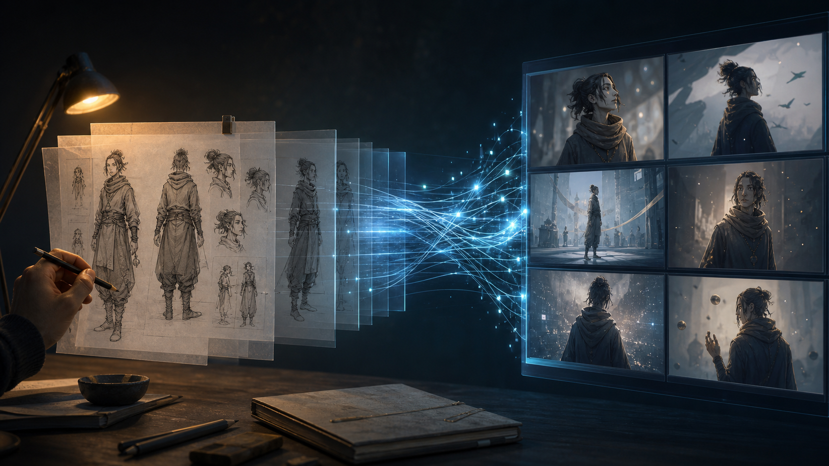 A hand-drawn fictional character sheet passes through abstract blue generative light and emerges as several cinematic frames of the same character.