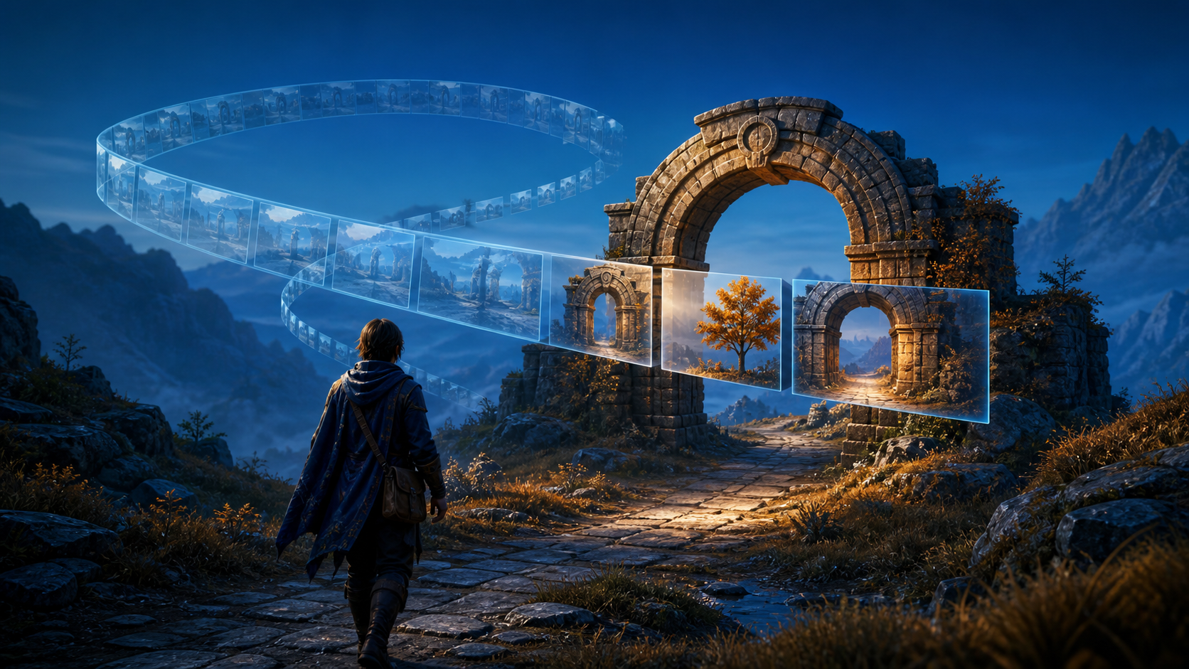 An explorer returns to a stone arch and amber tree as a ribbon of remembered game-world frames reconnects to the same landmark.