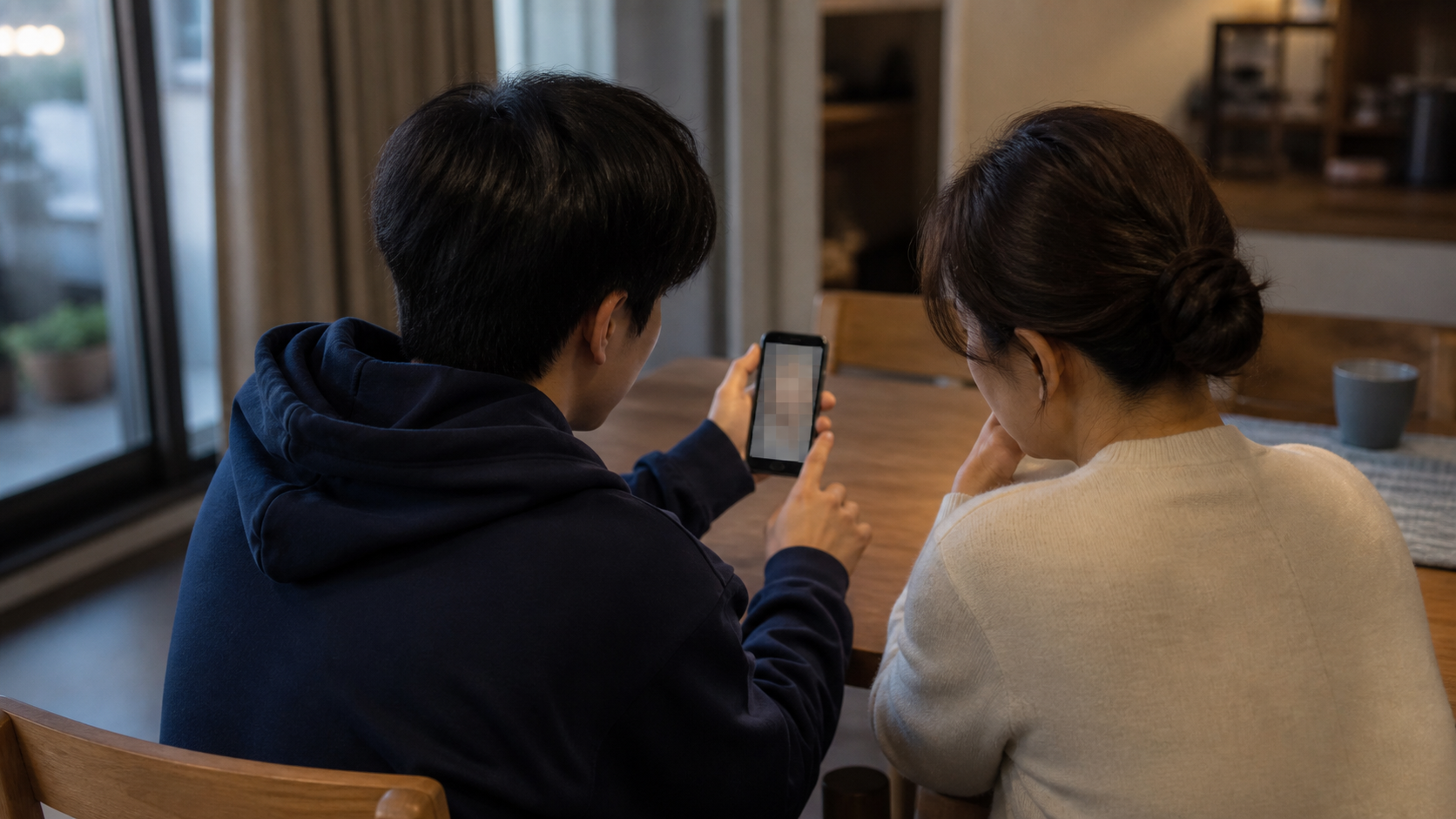 A parent and teenager sit side by side at a dining table and look at a phone whose screen is obscured.