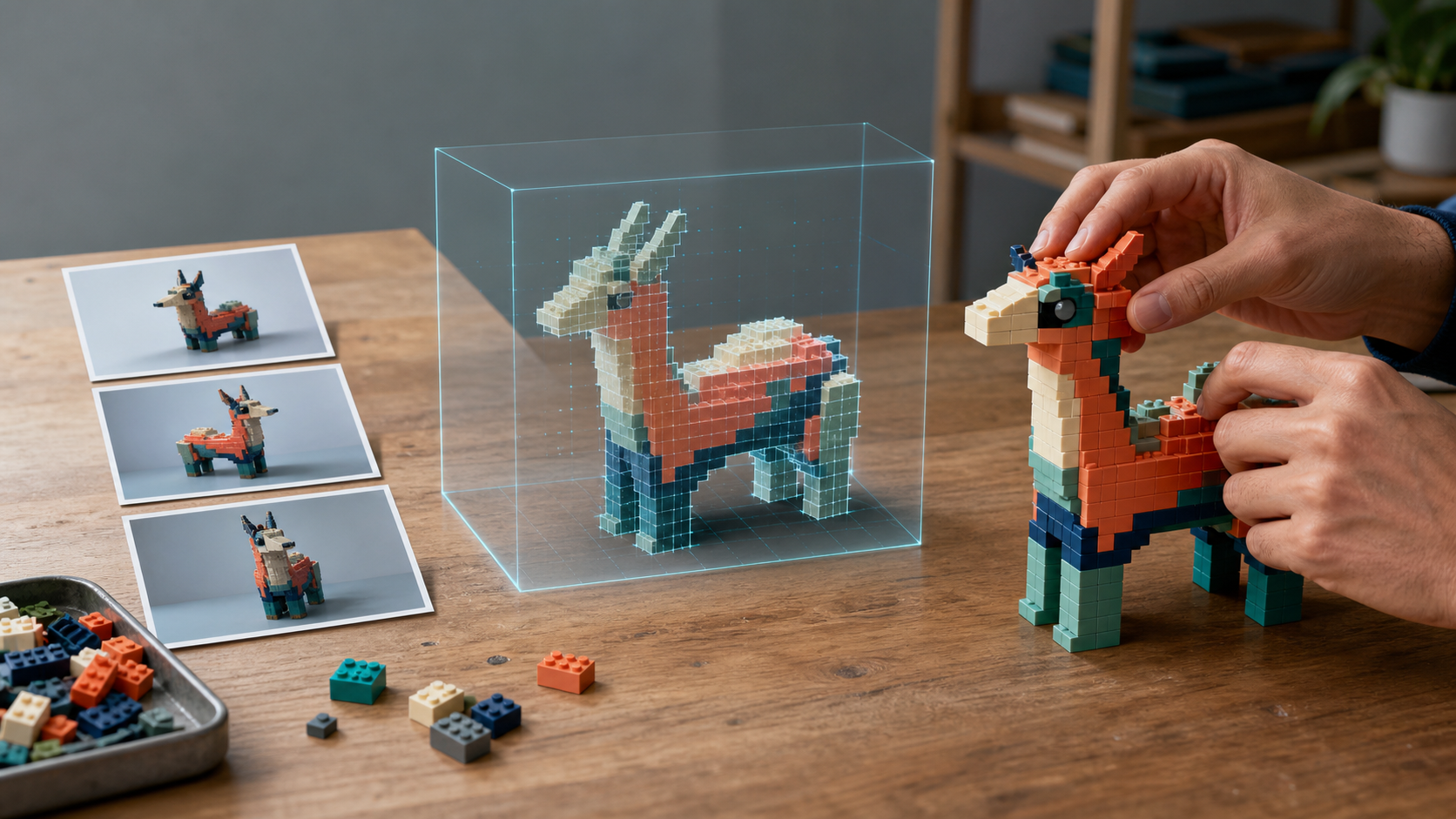 Adult hands assemble a colorful brick animal beside three reference photographs and a translucent digital reconstruction of the same model.