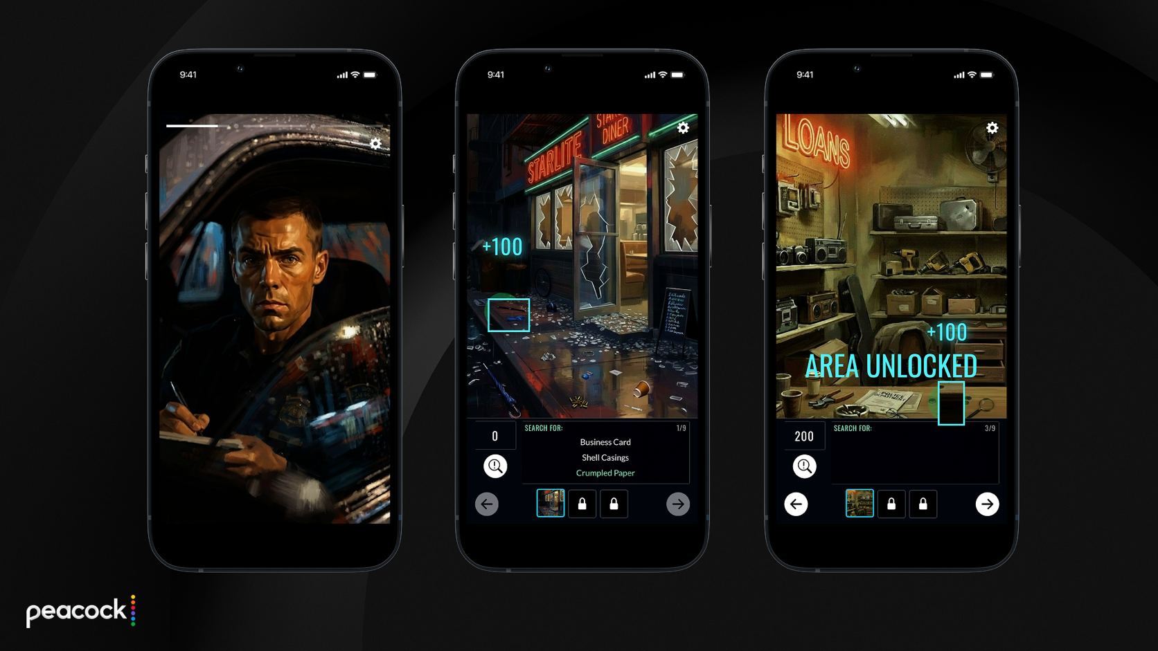 Three phone screens show Public Eye: a police officer in a cinematic scene and two hidden-object crime scenes with clues to find.