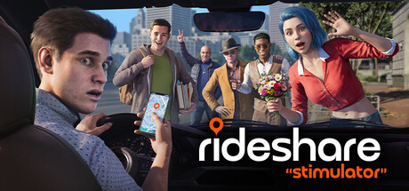Official key art for Rideshare Stimulator showing a driver looking back at a group of passengers.