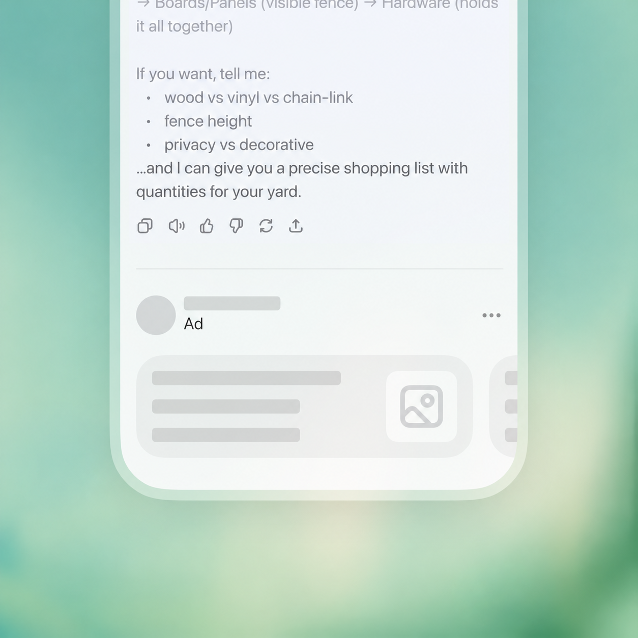 OpenAI illustration showing a ChatGPT conversation beside a clearly labeled sponsored product card.