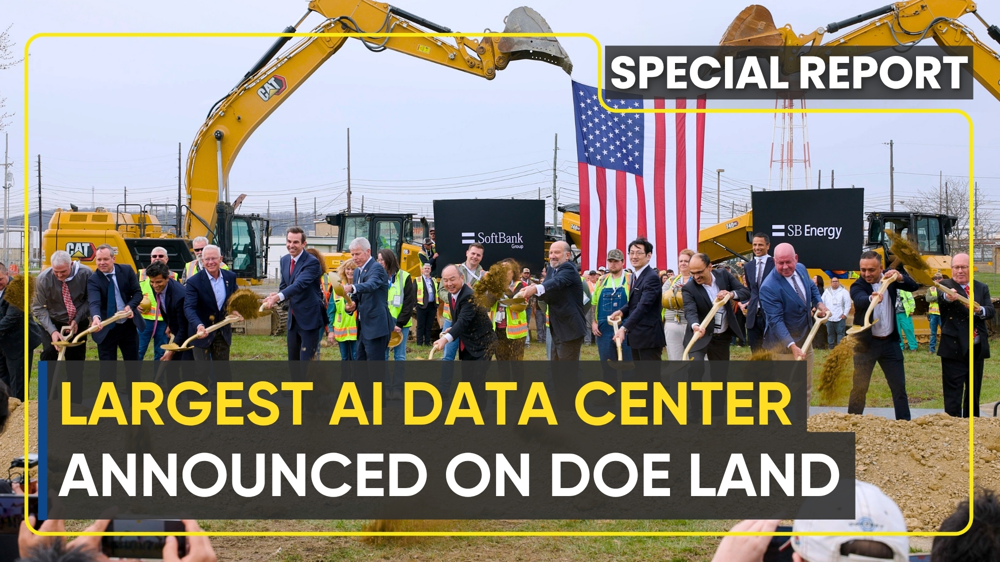 Officials and construction workers turn soil with ceremonial shovels in front of excavators, a U.S. flag, and SoftBank and SB Energy signs at the Portsmouth site in Ohio.
