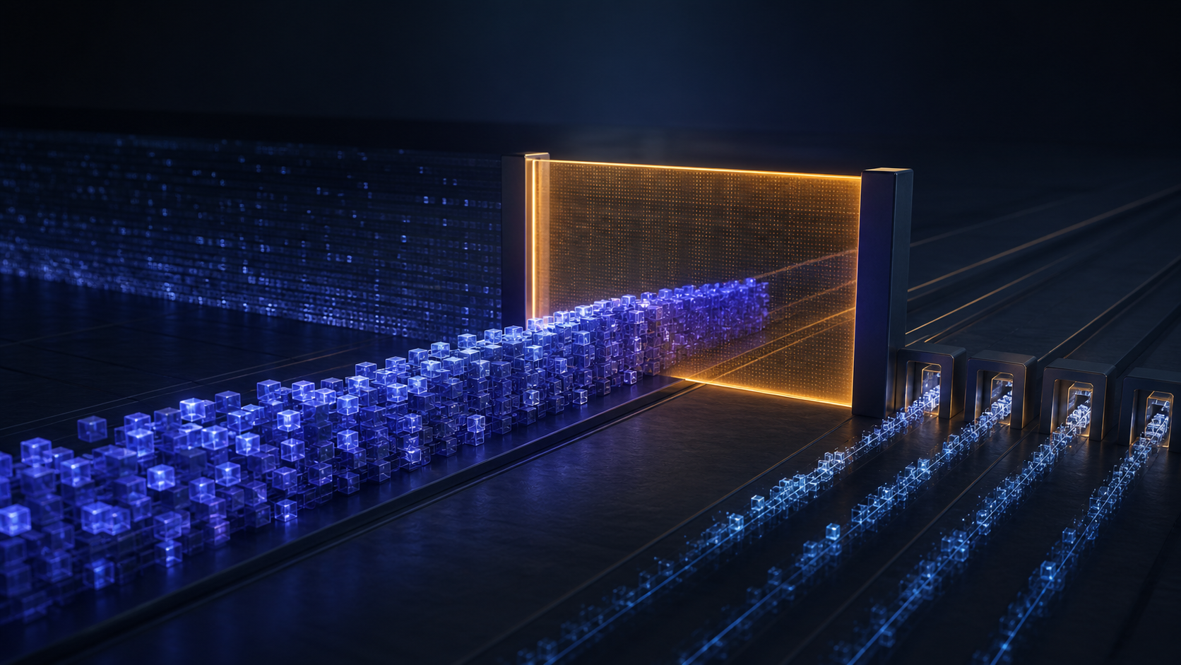An abstract stream of blue data blocks stops at an amber security boundary while smaller monitored streams continue through isolated lanes.