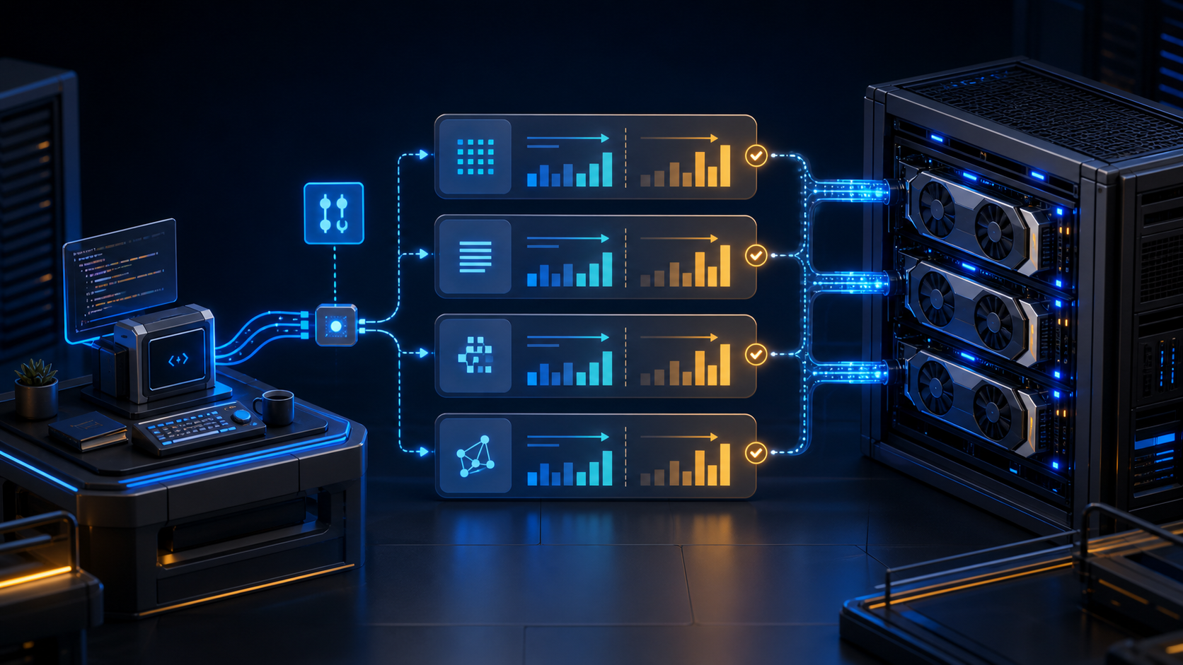A coding workstation sends four controlled experiment lanes through an illuminated ledger toward a GPU server rack.