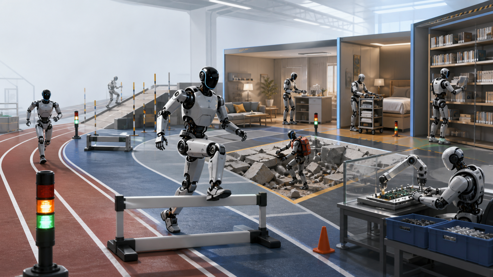 Generic humanoid robots move through an illustrated proving ground with track, home, hotel, emergency, library, and assembly test areas.