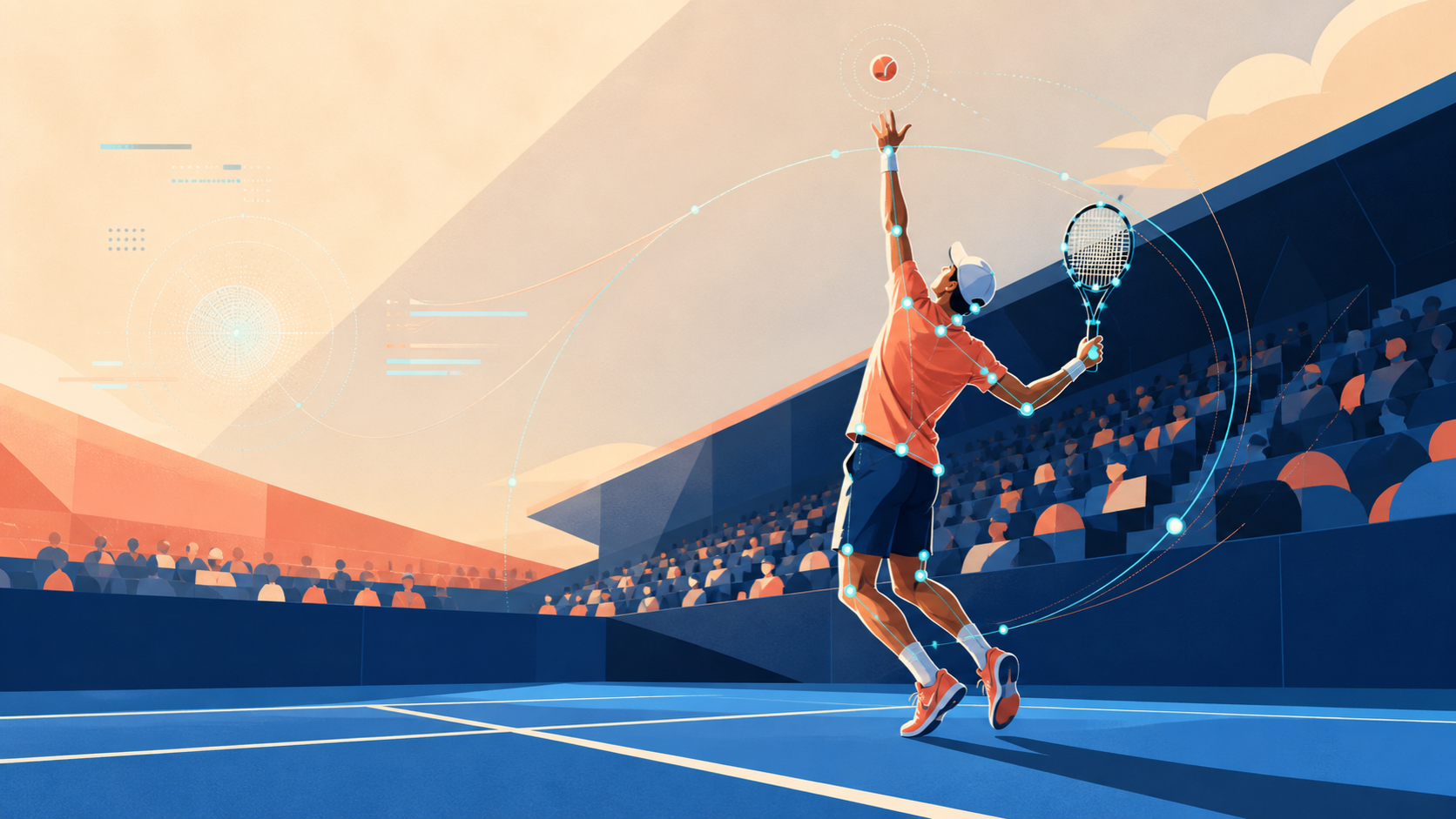 An editorial illustration of an anonymous tennis player serving while subtle tracking points mark the body and racquet.