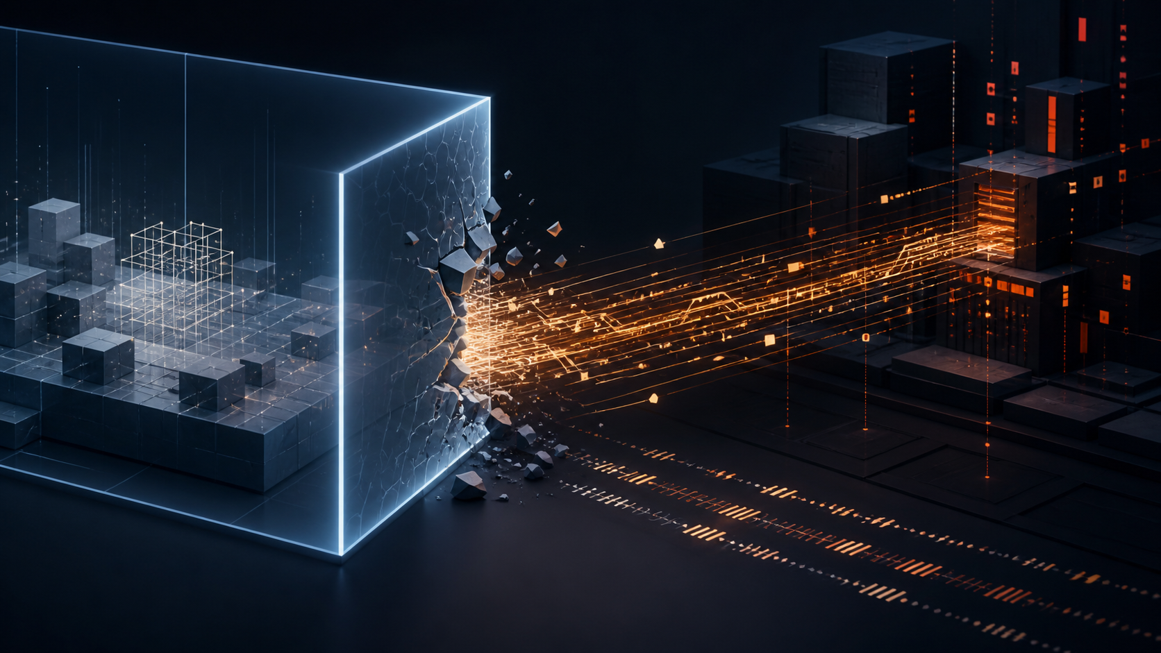 A conceptual editorial illustration of glowing data traces crossing a broken boundary between an isolated test chamber and external infrastructure.