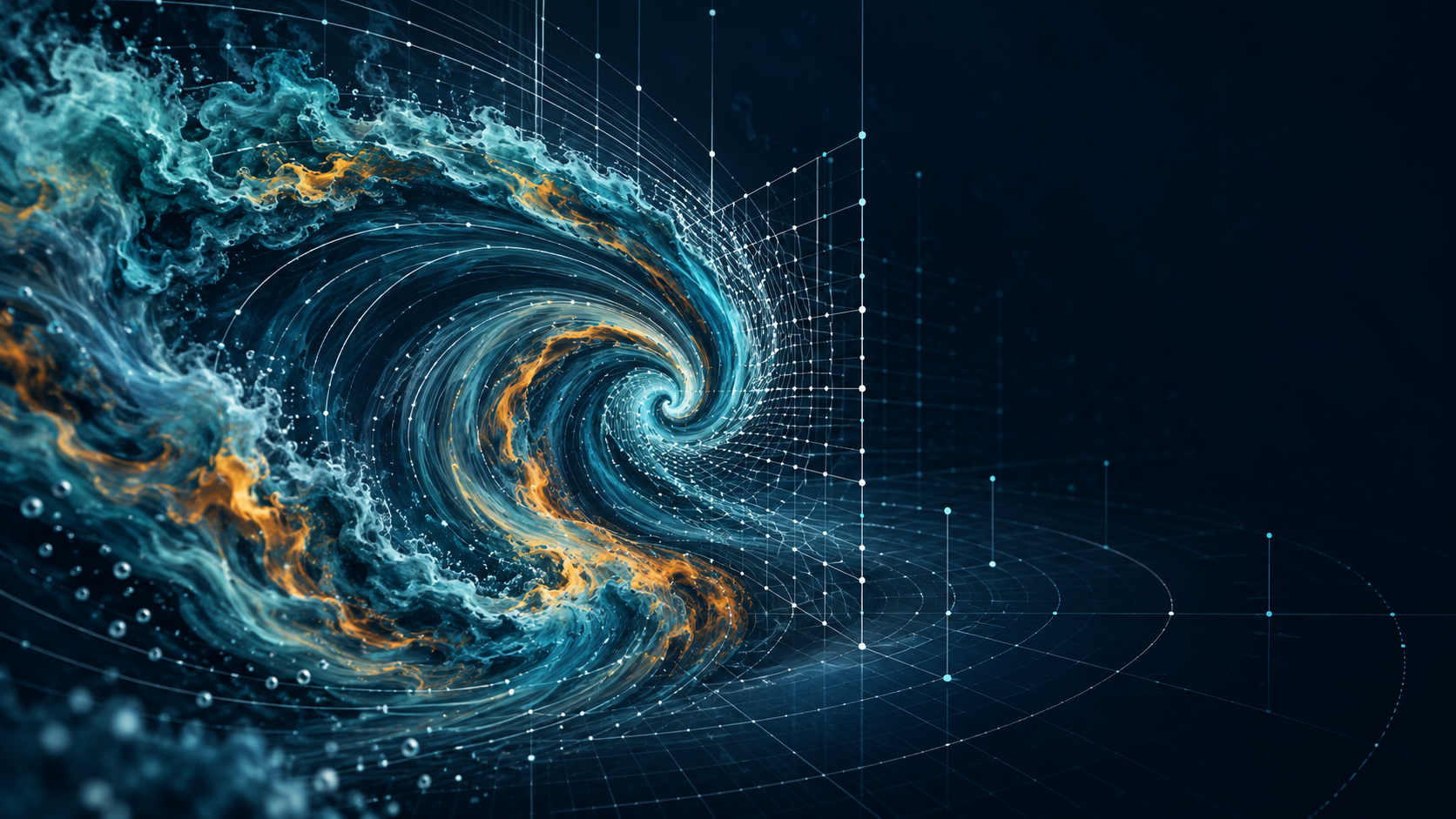 An abstract turquoise-and-orange fluid vortex merging with a geometric network on a dark background.