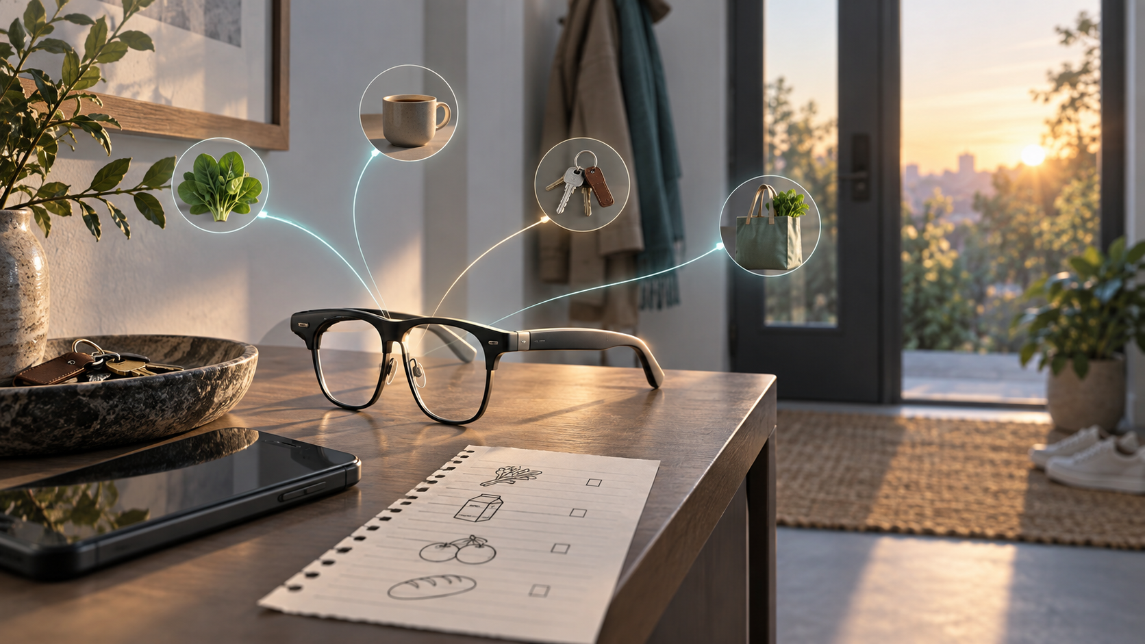 Unbranded smart glasses rest beside a phone and shopping list in a sunlit entryway, with subtle paths connecting everyday objects.