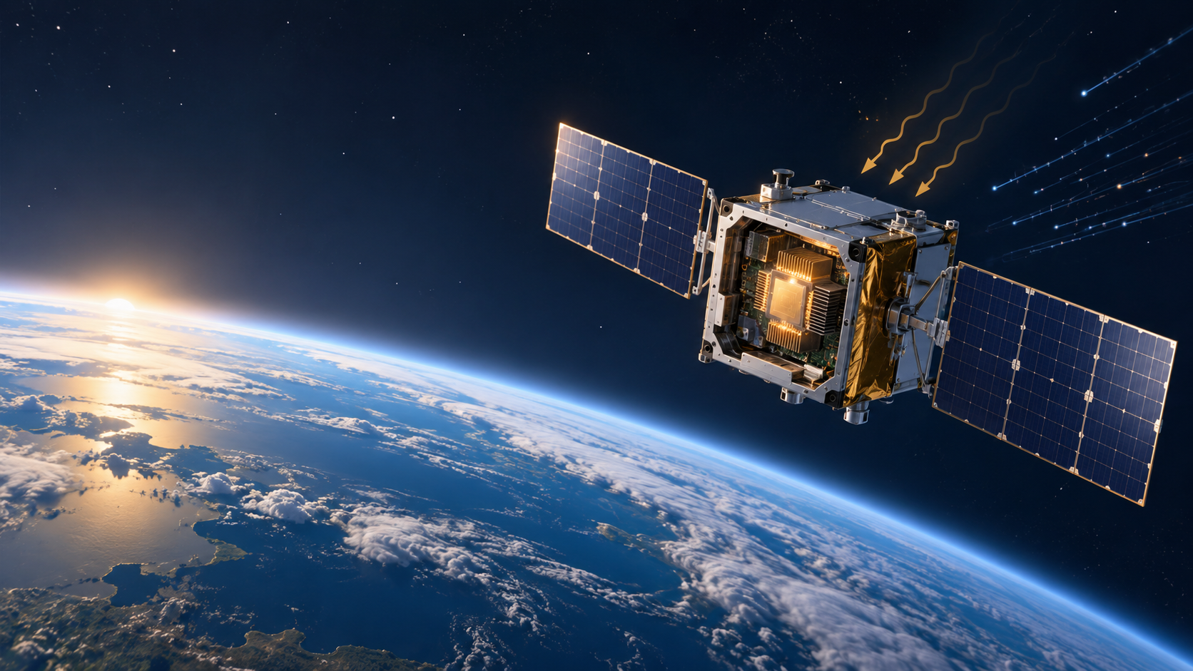 An original illustration of a small research satellite above Earth, with a glowing generic computing module visible inside.