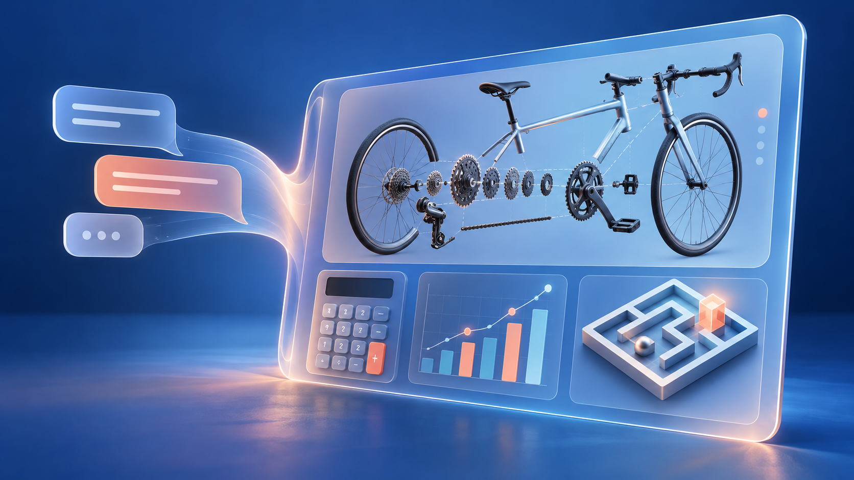 An original illustration of an AI response unfolding into a bicycle diagram, calculator, chart, and maze on a translucent screen.