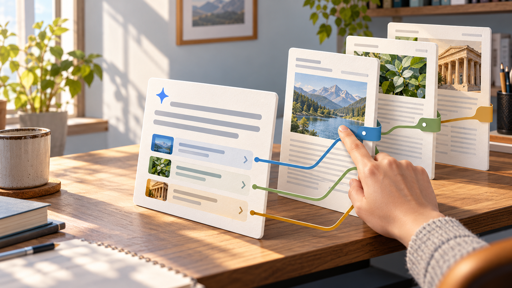 An editorial illustration of a person following links from a short AI answer to several original source pages.